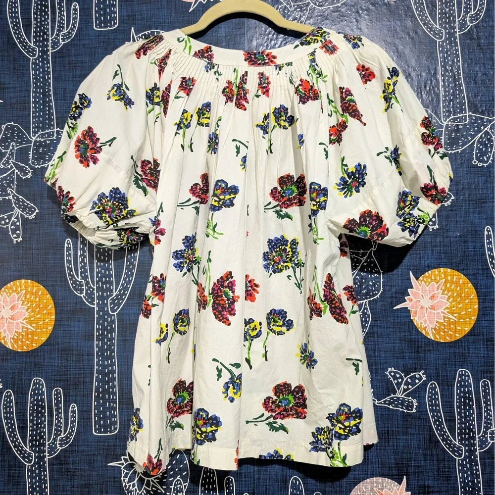 Ulla Johnson Celie Floral Print Short Puff Sleeve Top Blouse White Women's 6
